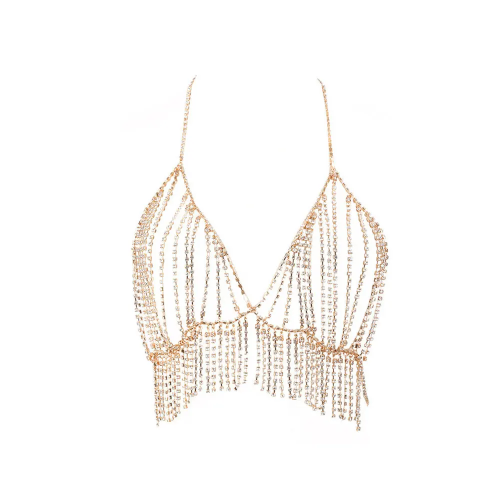 

Women Rhinestone Tassel Body Chain Body Chest Chain Multilayer Body Jewelry for Women Ladies (Golden)
