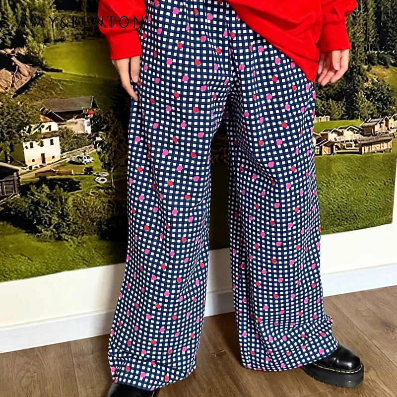

Original Design Autumn Black Fruit Print Women's Wide-Leg Pants Retro Comfortable Versatile Loose Slimming Long Trousers Ladies