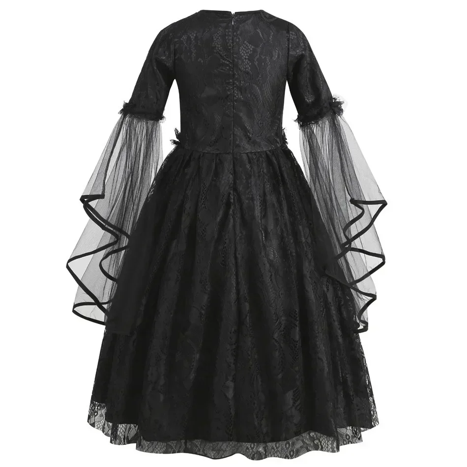 Kinder Halloween Dunkles Gothic-Kostüm Mädchen Langarm Spitze Tüll Geisterbraut-Kleid Rosenkopfschleier Karnevalskostüm – Detail 5