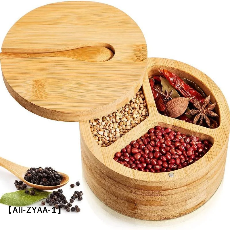 【A】1 Set Small Bamboo Spoon Natural Bamboo Salt Storage Box With Swivel Lid For Kitchen Seasoning Organization