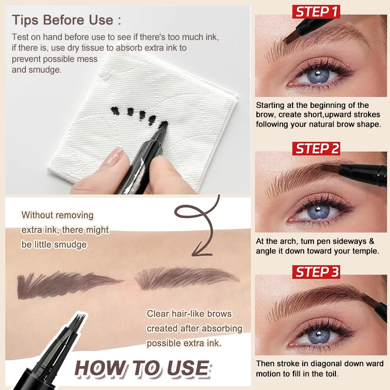 Waterproof Liquid Eyebrow Pen - Smudge Proof, Fine Tip, Natural Look, Long Lasting, Easy to Use for Thin Hair Strokes & Defined