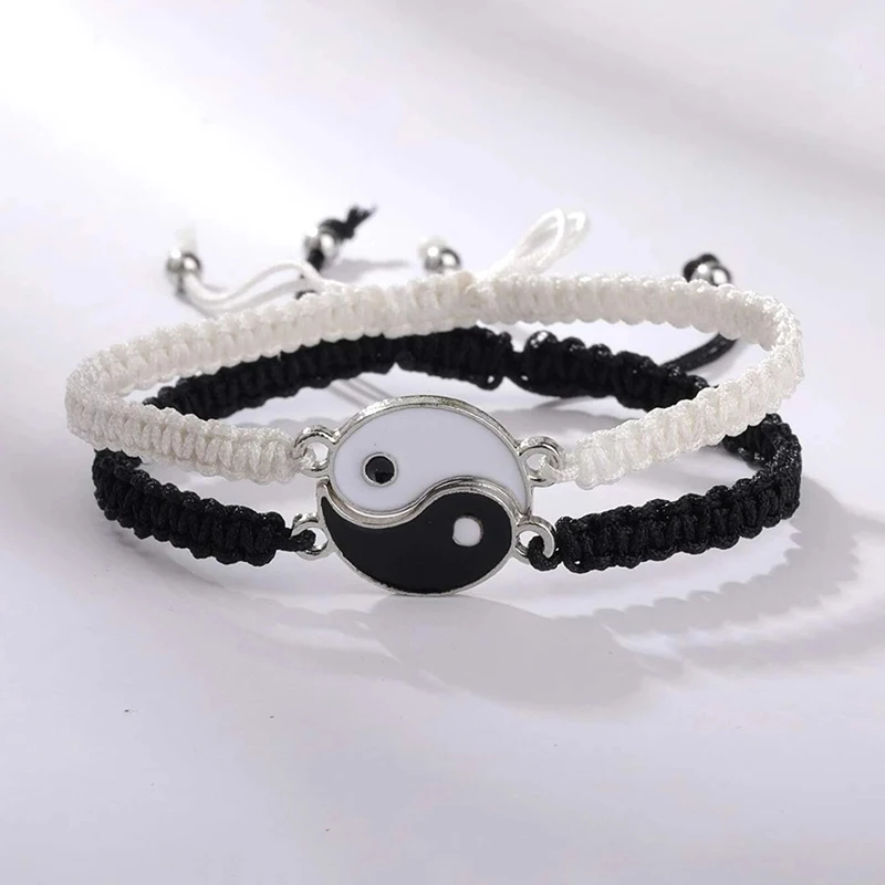 1PCS Simple Tai Chi Bagua Black And White Yin And Yang Rope Braided Telescopic Adjustment Bracelet For Men And Women Coupl