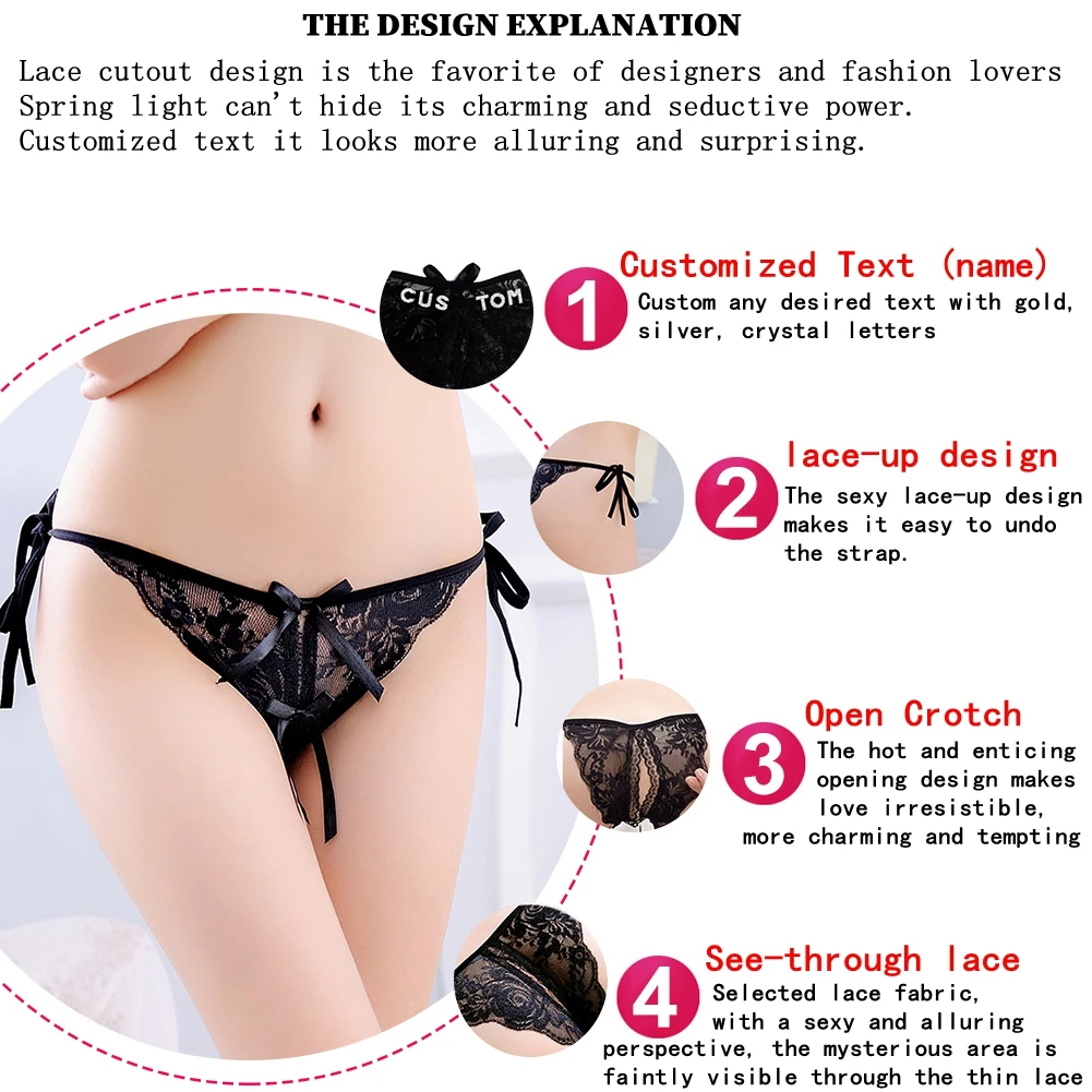 Custom Name Letter Lace Women Panties Thongs Crotch Opening Transparent G-strings Solid Bowknot Underwear Valentine\'s Day Gift