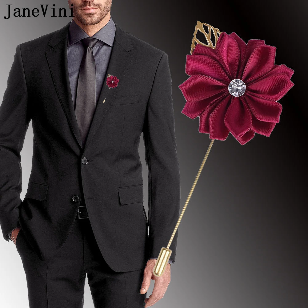 JaneVini Groomsmen Flower Boutonniere Wedding Gold Leaf Corsage Men Brooch Pin Burgundy Silk Rose Suit Buttonhole Broche Flor