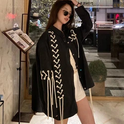 Unisex Patchwork Bandage Tassels Shirts Spring Fall Lace Up Blouses Streetwear Cardigan Single-breasted Long-sleeved Tops Blusas