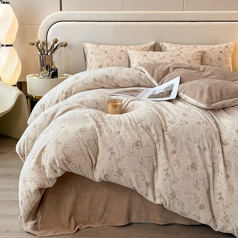 2024 New Thickened Class A Milk Fleece Four-piece Set Autumn and Winter Carved Coral Fleece Warm Quilt Cover Bedding