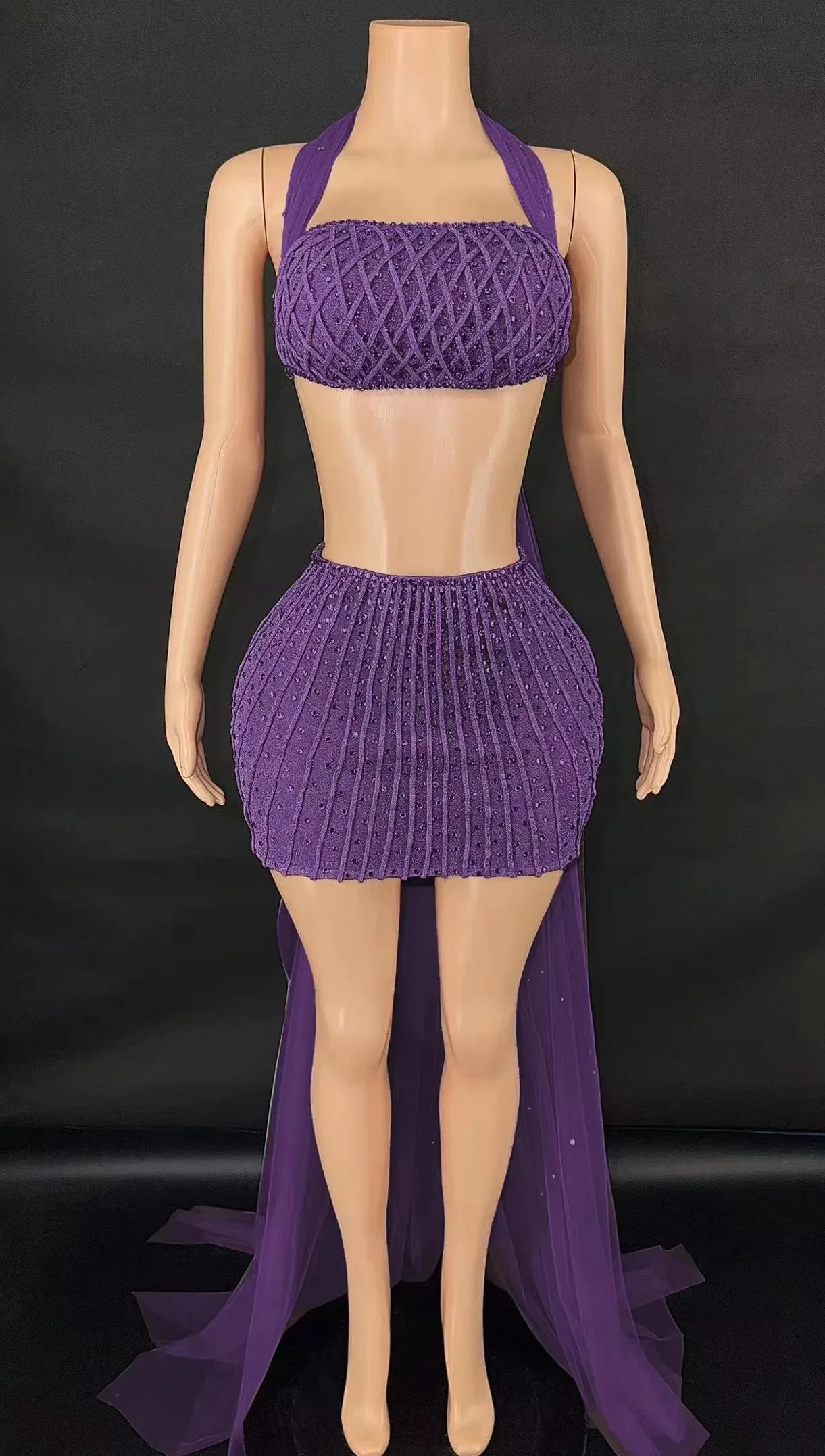 

Mini Dress Sparking Diamonds Crystal Sexy Mesh See Through Party Celebrate Performance Costume