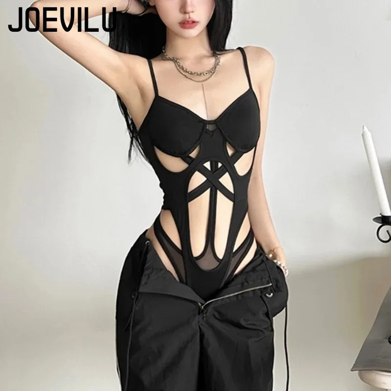 ชุดบอดี้สูทสีดำสไตล์ Y2K สำหรับผู้หญิง แบบเว้าเซ็กซี่ สายเดี่ยว สายสปาเก็ตตี้ ชุดจั๊มสูทรัดรูป สตรีทแวร์ เสื้อผ้าสไตล์ Festival Aesthetic