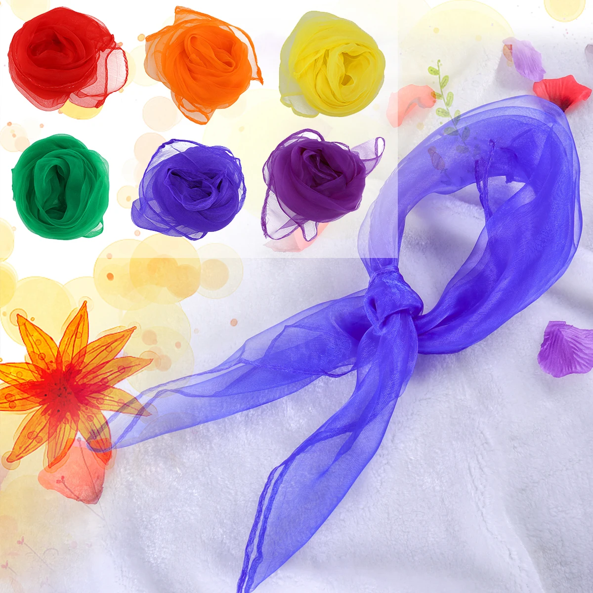 

12Pcs Hemmed Square Juggling Dance Scarves Red Yellow Orange Blue Purple Green 60x60cm Silk Fabric Stage Prop Kindergarten Gift