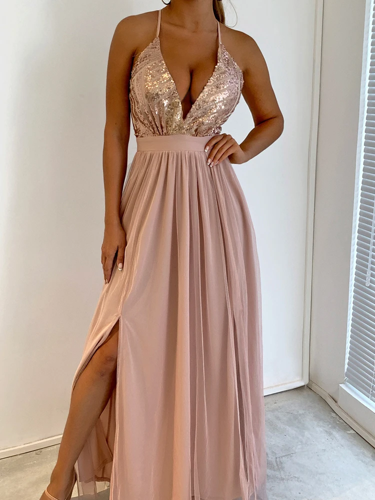 أنيقة التفاف الورك الخامس الرقبة الحمالة فستان المرأة مثير أكمام هايت الخصر فستان أخضر موضة سبليت الربط فستان طويل نحيف