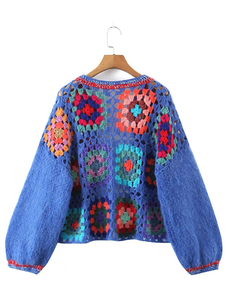 2022 Fashion Women Handmade Multicolor Plaid Crochet Cardigan Sweater  Lantern Sleeve O Neck Female Vintage Autumn Coat