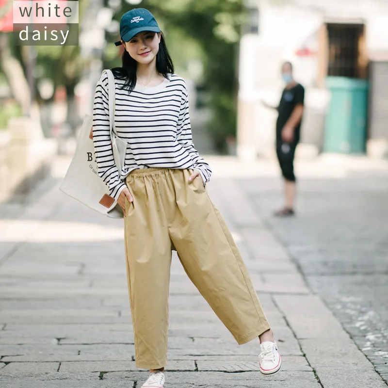 

Khaki Casual Pants Women's Cool 202 New Autumn Nine Points High Waist Harlan Lazy Sle Cotton Commute Sle Korean Version
