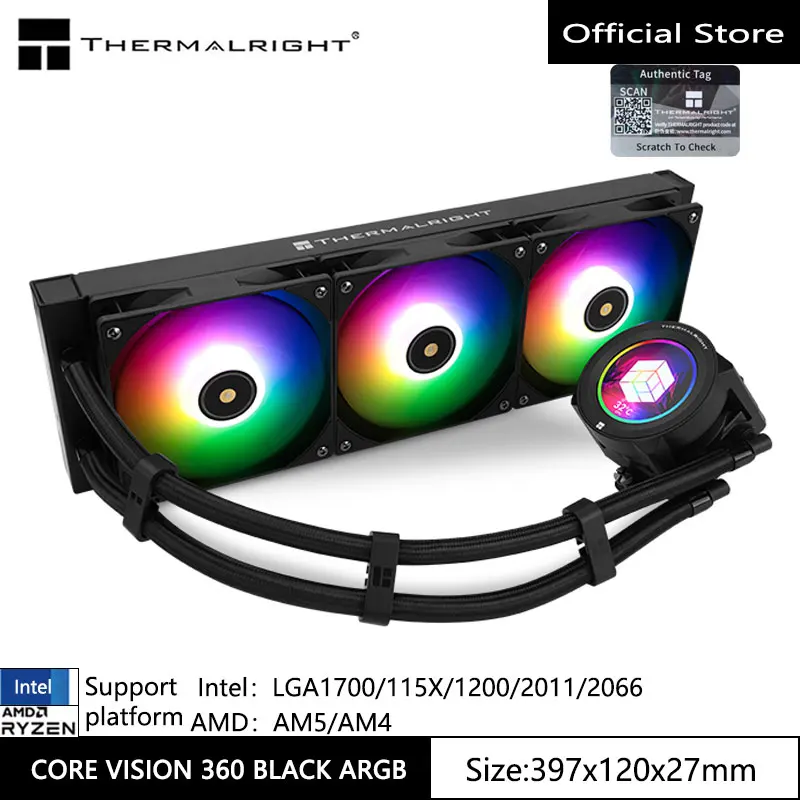 Thermalright หม้อน้ำเย็นแบบ all-in -one Core Vision 360หน้าจอแสดงผล LCD ขนาด2.1นิ้วสีดำรองรับ LGA1700/115X/AM5