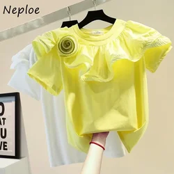 Neploe 2024 Summer Korean Loose Slim Tops Fashion Three-Dimensional Ruffle Flower Casual Short Sleeve T-Shirt Femme O-Neck Tees