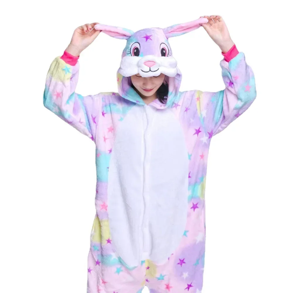 Adult Spring Fall Cartoon Animal Pijamas Sleepwear Rainbow Star Rabbit Jumpsuits Girls Suit Sets Bunny