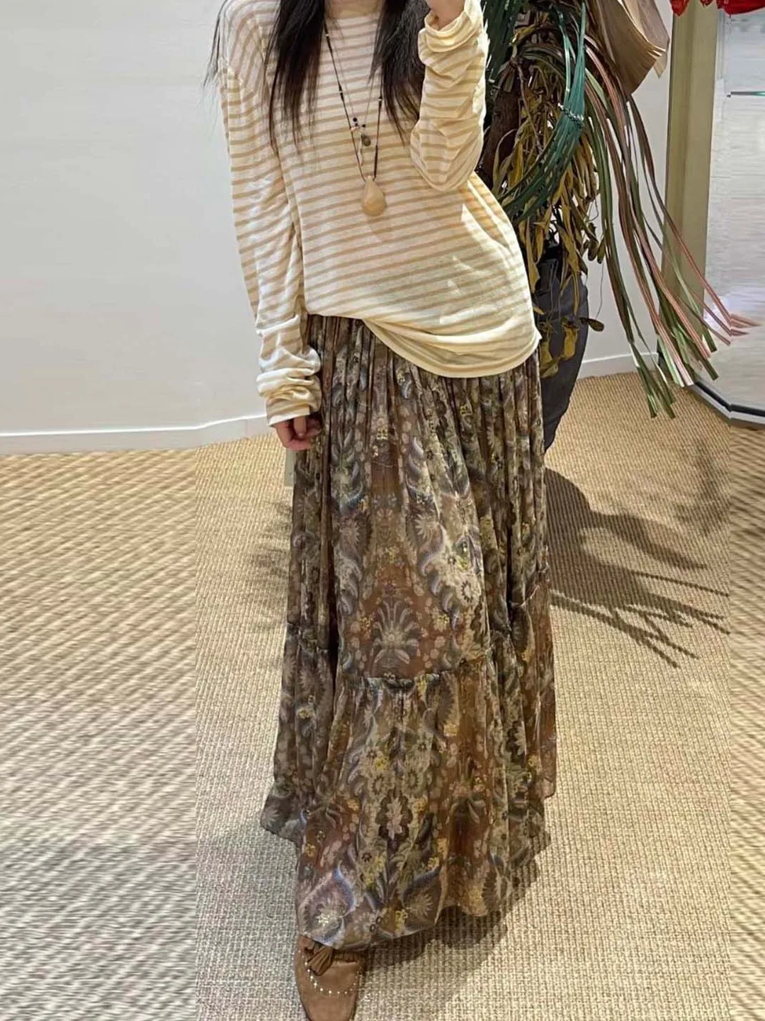 

Pure Quality Palm Leaf Curl A-Line Skirt Women's Elastic Waist Splice Cake Skirt Slimming Holiday Long Skirt