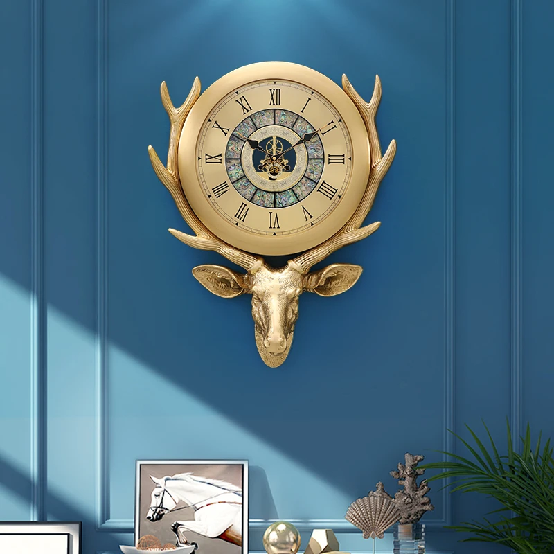 Light Luxury Brass Deer Head Wall Clock Home Luxury Decorative Wall Watch Creative Living Room Metal Gear All Brass Luxury Clock