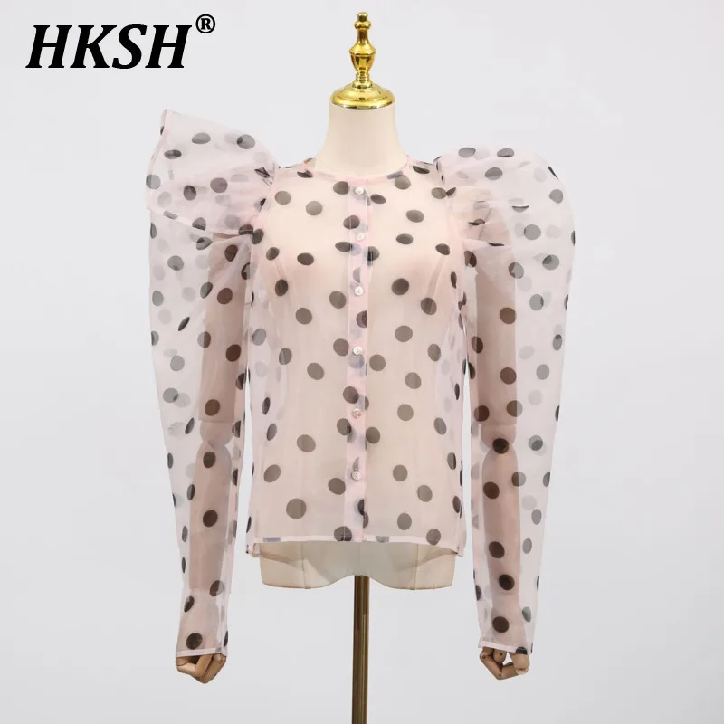 

HKSH Summer New Women's Tide Chic Ins Fashion Vintage Elegant Sweet Style Casual Shirts Dot O-Neck Long Puff Sleeved Tops HK5512