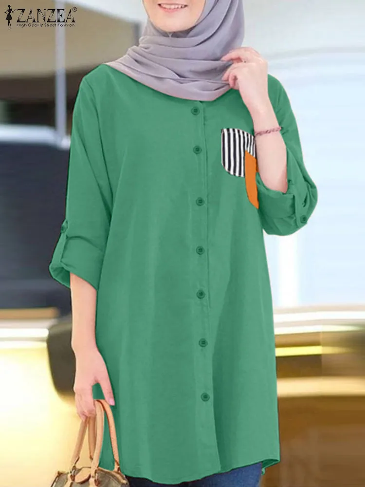 

Muslim Patchwork Blouse Turkey Long Shirts 2023 ZANZEA Women's Tops Summer Lapel Long Sleeve Shirt Dubai Abaya Isamic Clothing