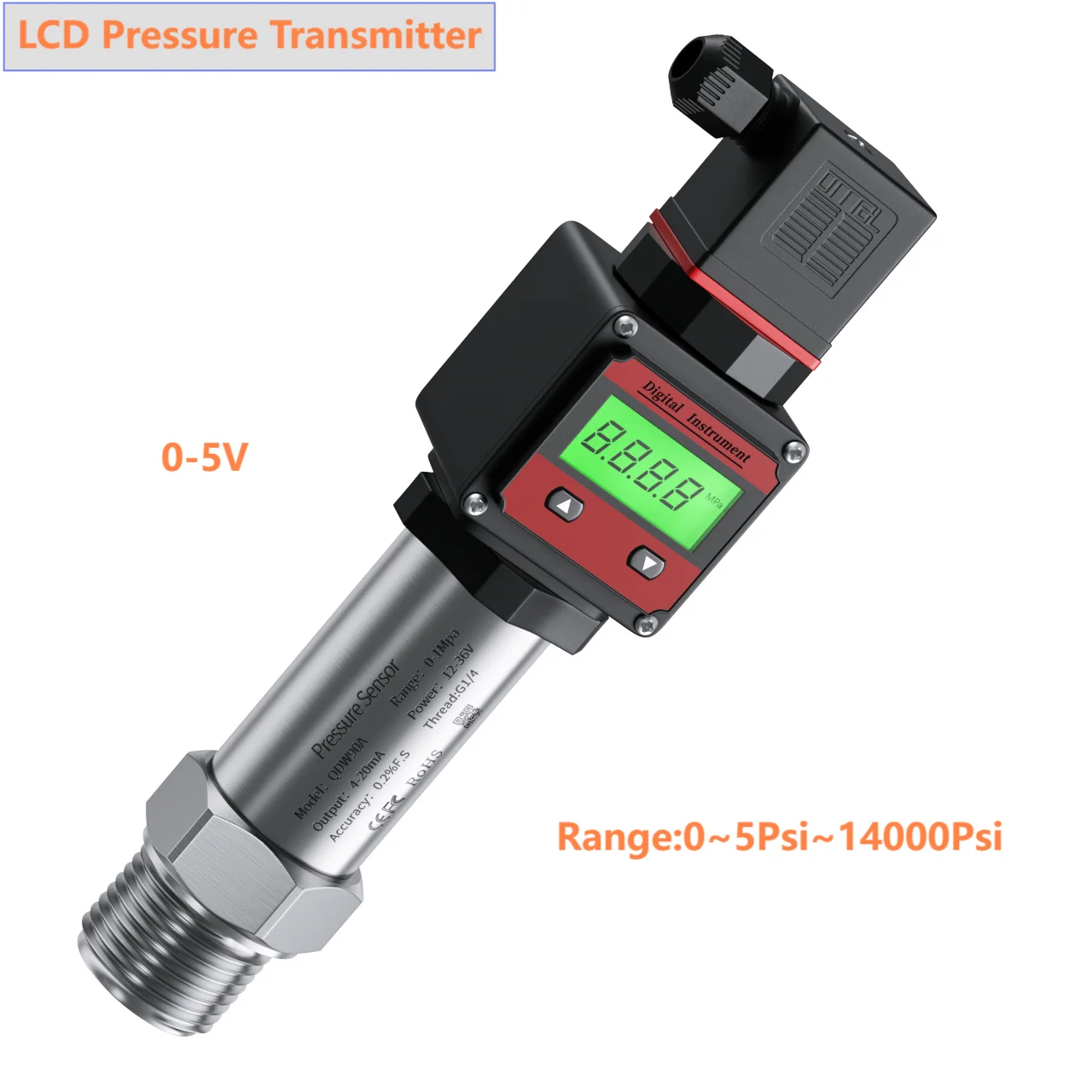 0-5V LCD Hersman Pressure Sensor Transmitter 0-5Psi 50Psi 500Psi 5000Psi Range G1/4 G1/2 NPT1/4 LCD Pressure Sensor