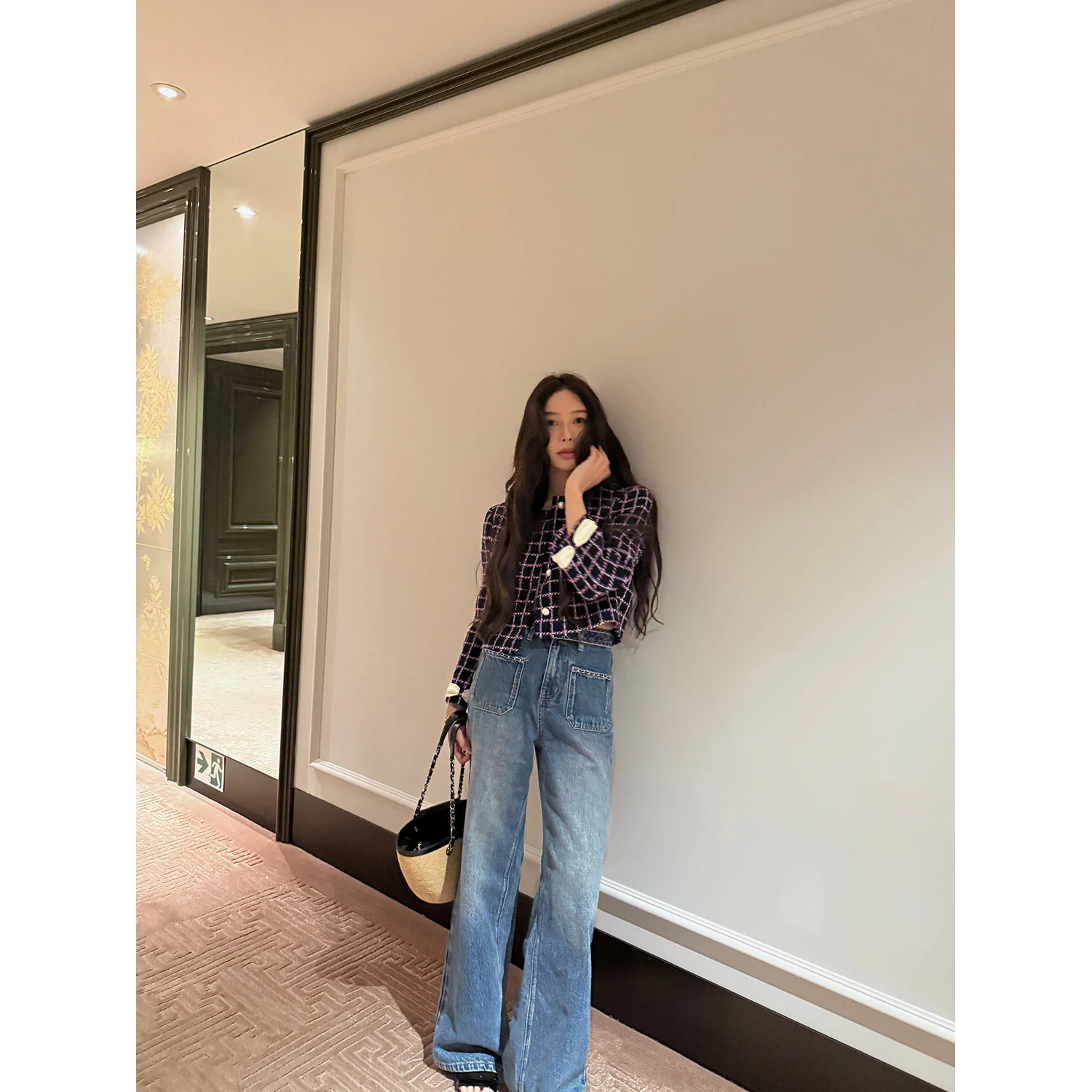 

iwei Qiang Heavyweight Chain Straight Leg Double ket Denim Jeans Women's Loose Fit Cotton Jeans Winter Collection