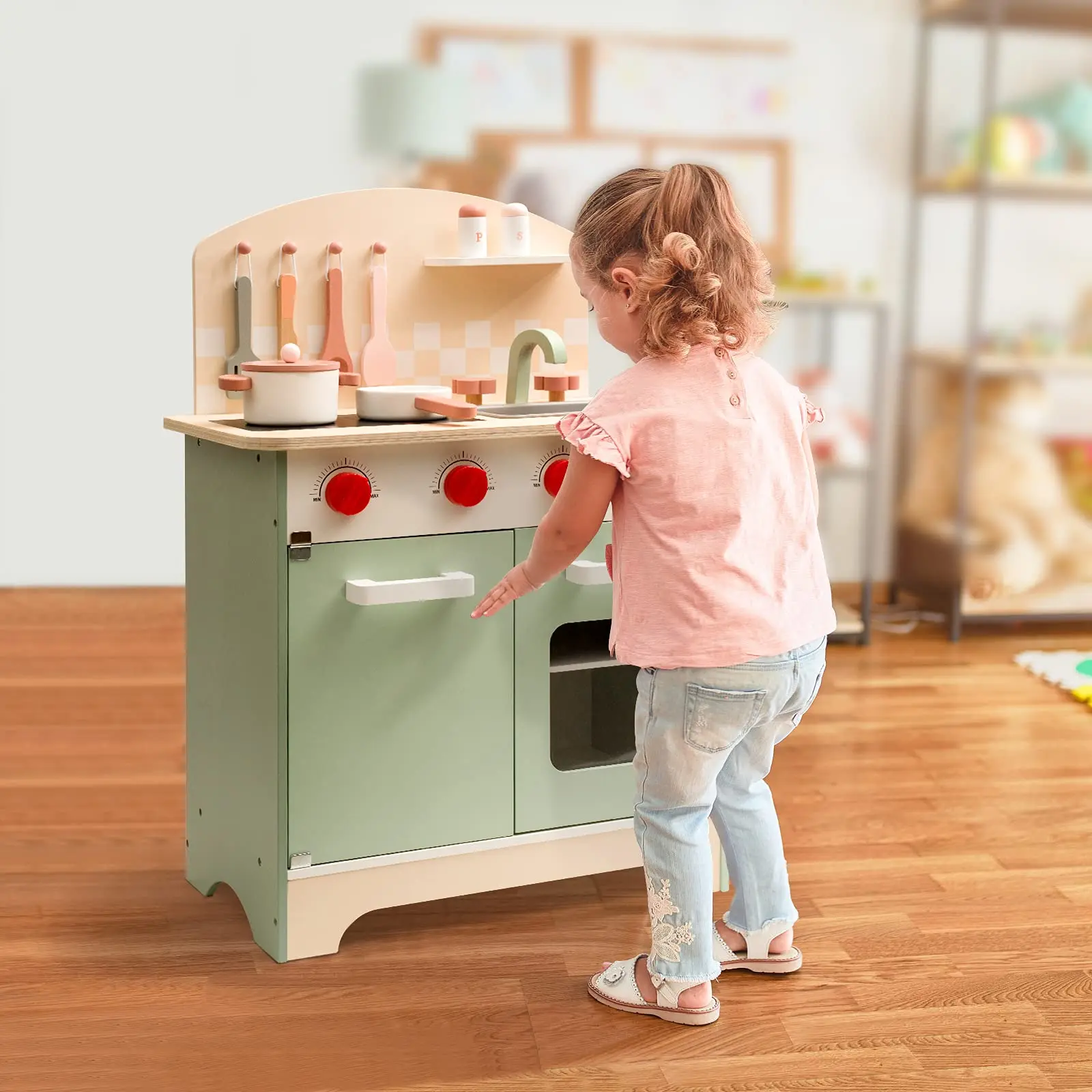 ROBOTIME Wooden Play Kitchen Play sets with Oven Toy Kitchen Sets Pretend Kitchen Cooking Playset for Kids 3+ Girls Boys
