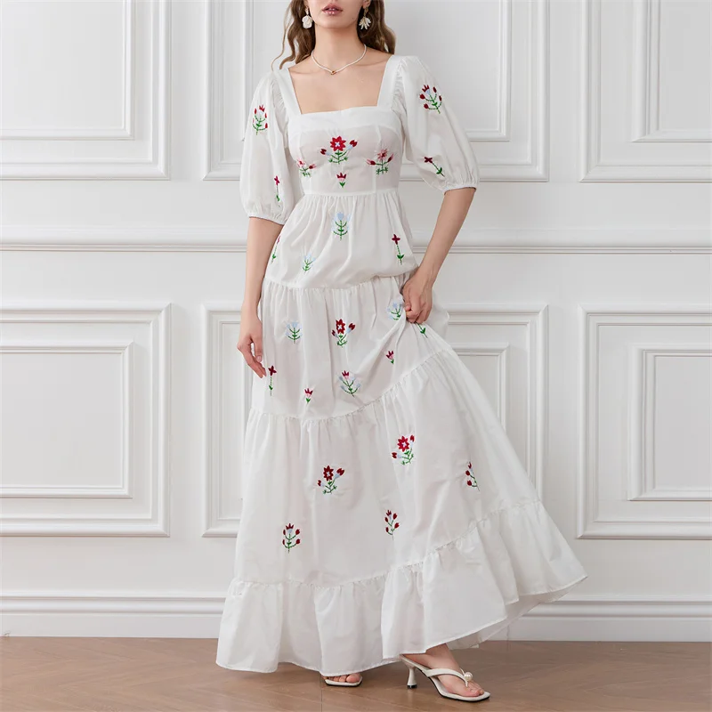 

Women Embroidery Smocked Maxi Dress Boho Ruffle Square Neck Elbow-Length Sleeve Backless Flowy Long Dresses Party Clubwear