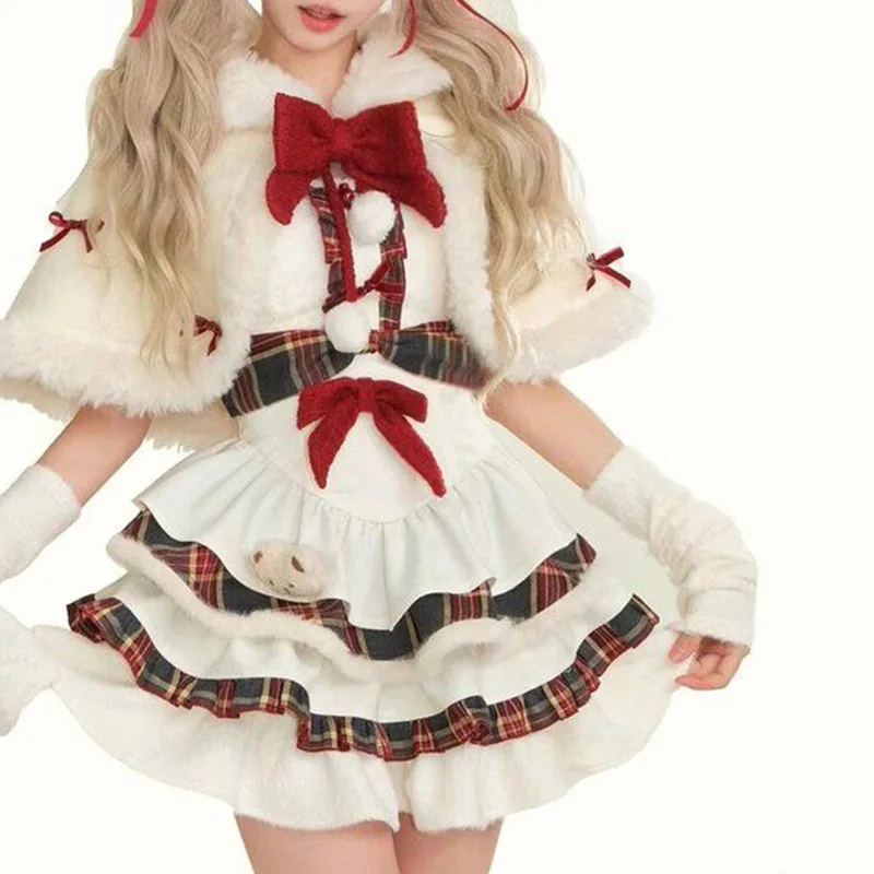 Neue Jahr Anzug 2025, Winter Kawaii Lolita Kleid Sets Frauen Bogen Mit Kapuze Schal Kurze Jacken Plaid Patchwork Mini Kleider Koreanische Chri
