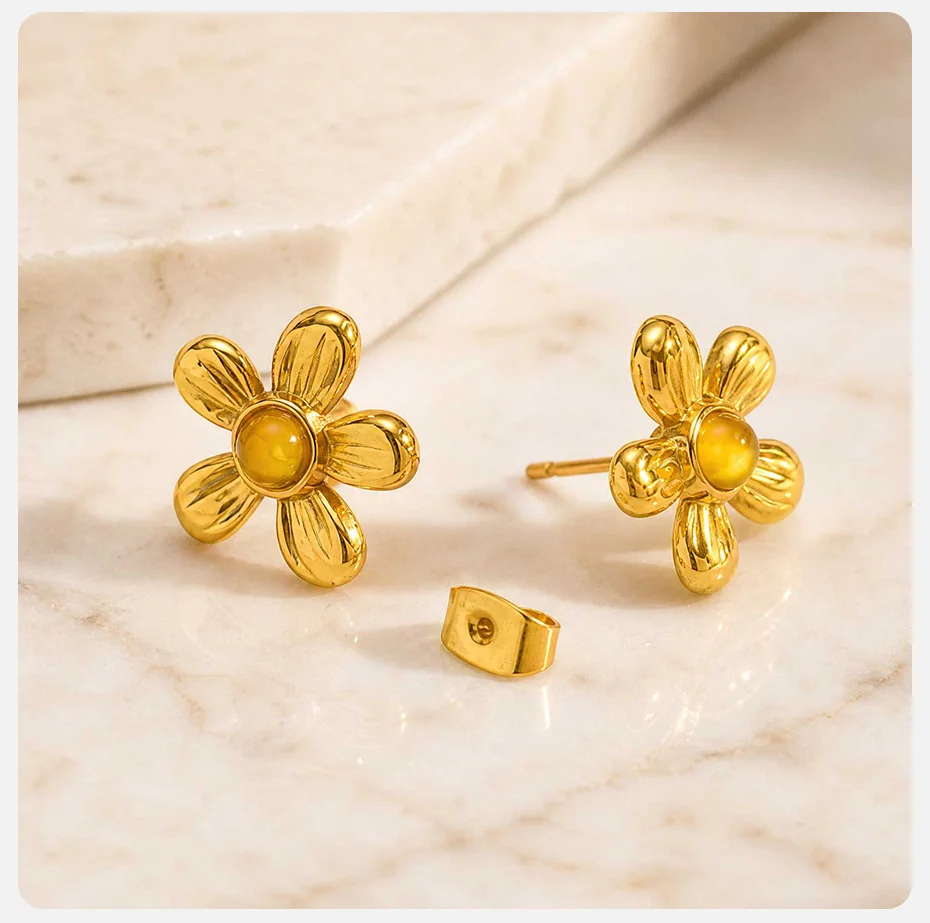Vnox Trendige Minimalistische Vergoldete Gelbe Kristallblumen-Ohrringe aus Edelstahl, Florale Ohrringe für Party, Alltag und Hochzeit. – Detail 5