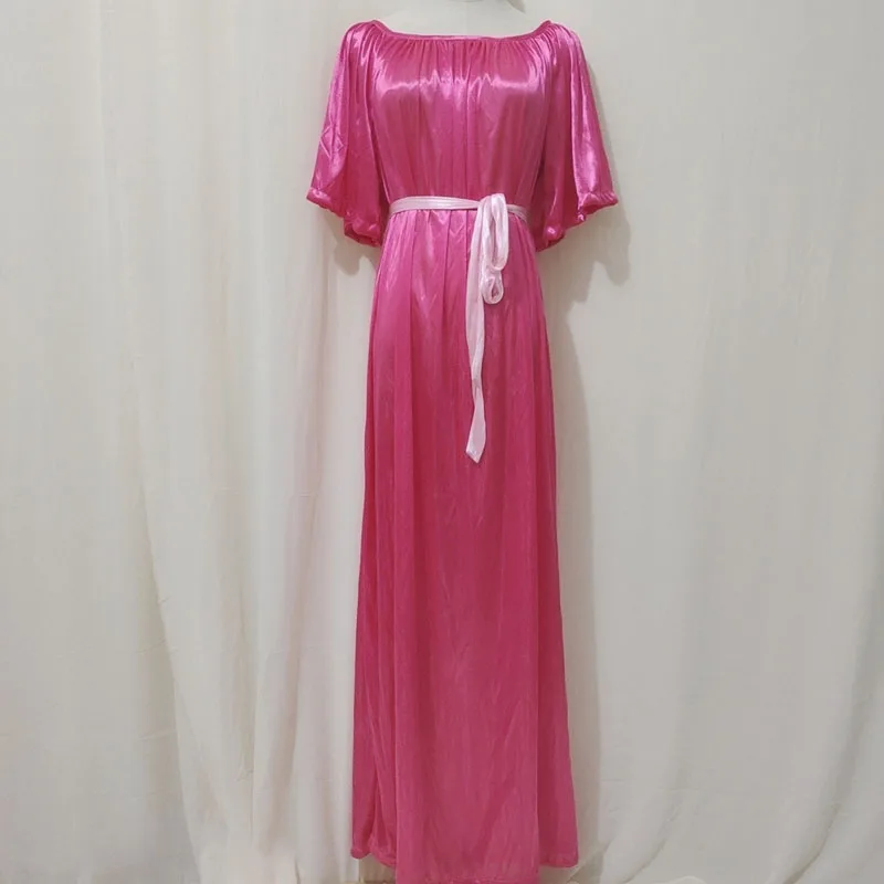 حجم كبير لمسة حريرية لامعة الرجال مثير فستان طويل المرأة الساتان قصيرة الأكمام فضفاضة فستان ماكسي رقيقة النوم رداء النوم