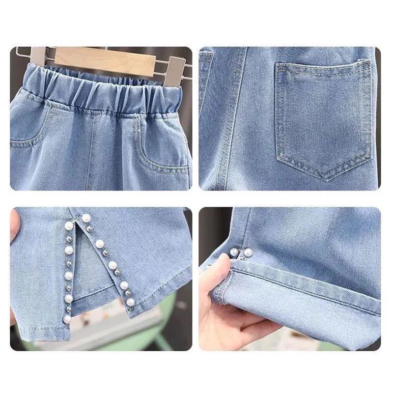 2024 New Fashion Pearl Children Wide Leg Pants Summer Casual Kids Cropped Trousers For Teenager Girls Clothes 4 6 8 10 12 13 Yrs