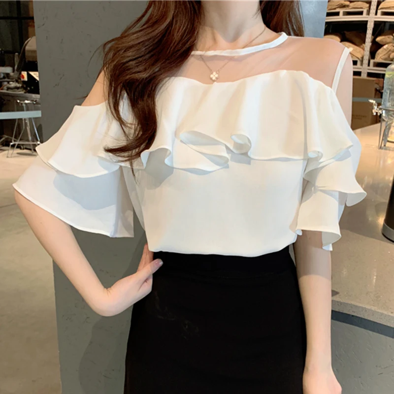 Women Chiffon Shirt Elegant Ruffles Tulle Patchwork Off Shoulder Solid Female Blouse Summer All Match New Chic Ladies Tops