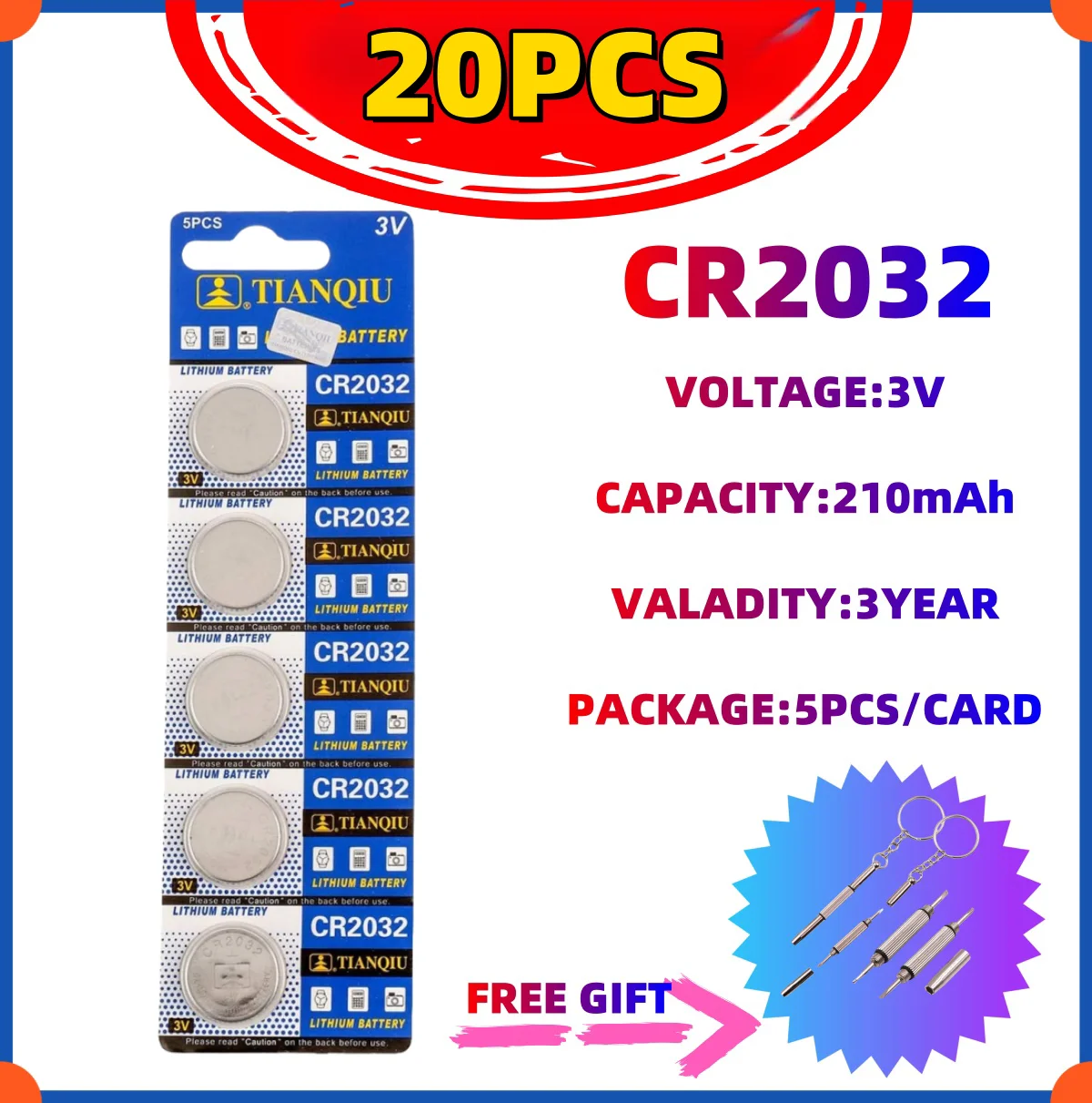 

20 PCS CR2032 TIANQIU Battery DL2032 ECR2032 BR2032 2032 3V Lithium Button Cell Coin Battery Long Lasting for Watch Remote