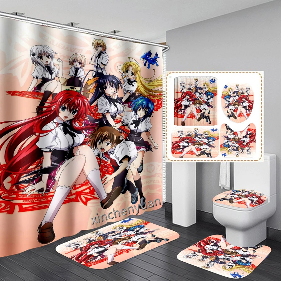 phechion Anime High School Dxd 3D Print Waterproof Bathroom Shower Curtain Toilet Cover Mat Non-Slip Floor Mat (1/3/4Pcs) W53