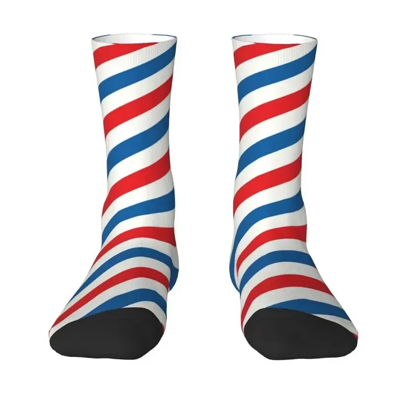 

Novelty Printed Classic Barber Pole Red Blue Stripes Socks for Men Women Stretch Summer Autumn Winter Hairdresser Crew Socks