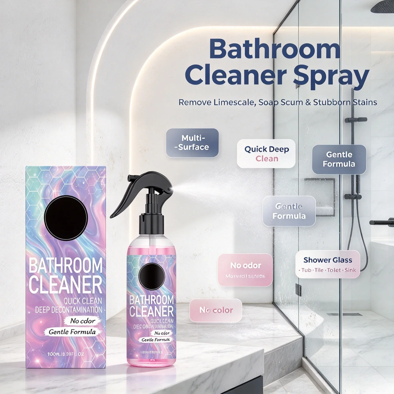 Bathroom Clean Spray Multi-Surface Limescale Soap Scum Remove Deep Stain Clean for Shower Glass Tub Tile Toilet Sink Clean Mist