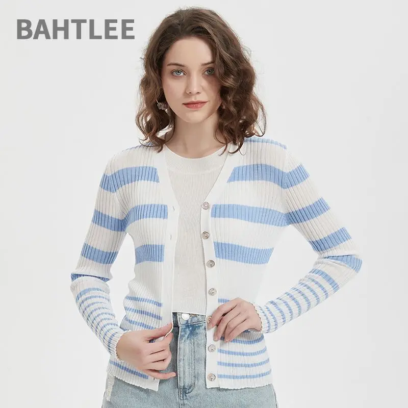 

BAHTLEE-Women's 100% Lyocell Striped Slim V-Neck Cardigan, Elastic Knit Sweater, Long Sleeve, Preppy Style, Spring