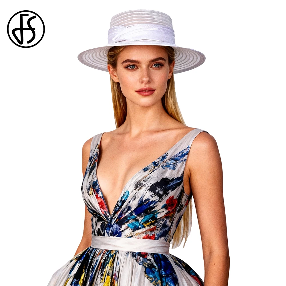 FS Luxury Ladies Tea Party Fascinator Hat With Ribbon White Church Hats For Women Wide Brim Wedding Bride Cap Sombreros Mujer