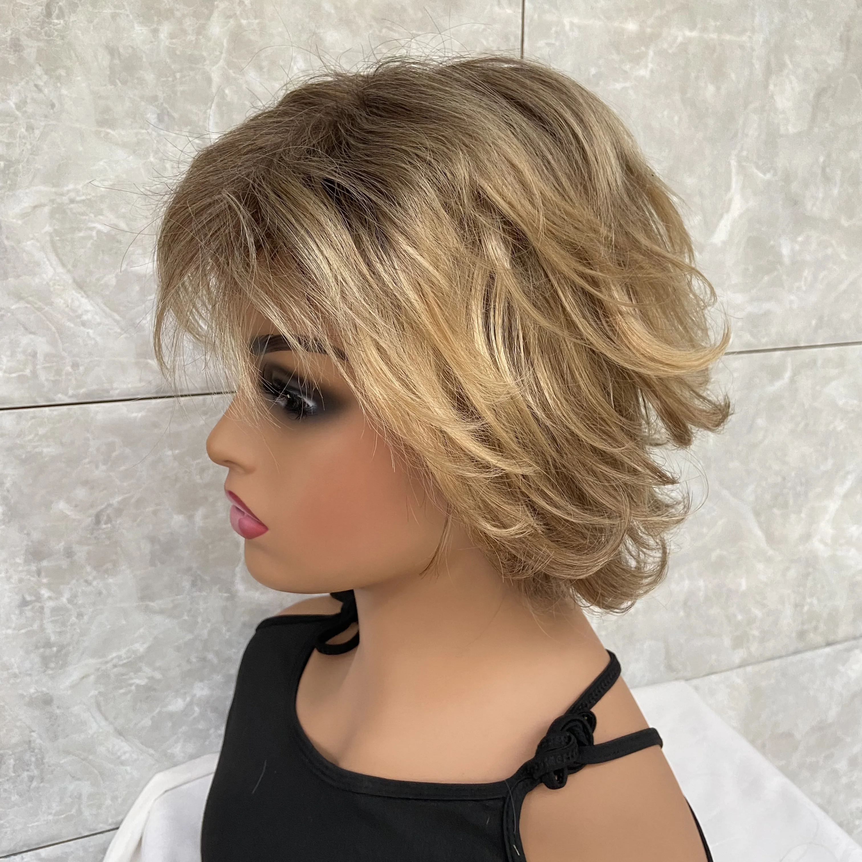 Short Fluffy Wavy layered Cut Human Hair Blend Heat Ok Wig Rooted Blonde Mix Synthetic For Women Natural Dailly