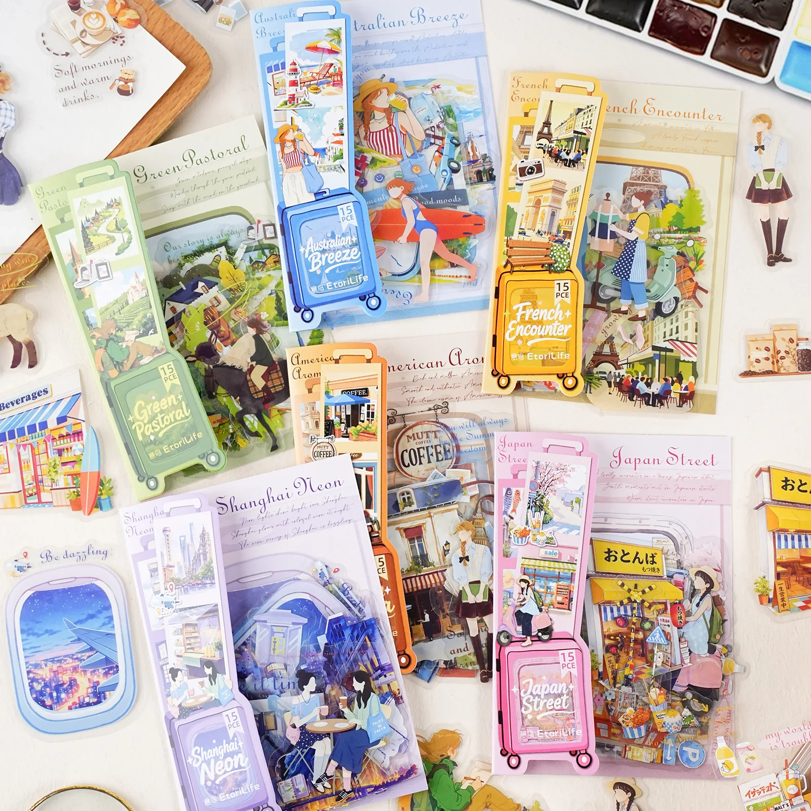 15 pcs Around‑the‑world Natural Landscape Collage Stickers, DIY Decor for Journal Album Greeting Cards, Handmade Craft Materials