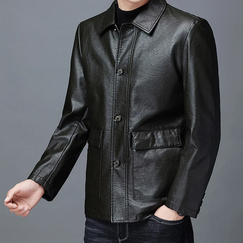 

Fashionable casual lapel thin velvet PU leather jacket men's solid color single-breasted design boutique jacket new style