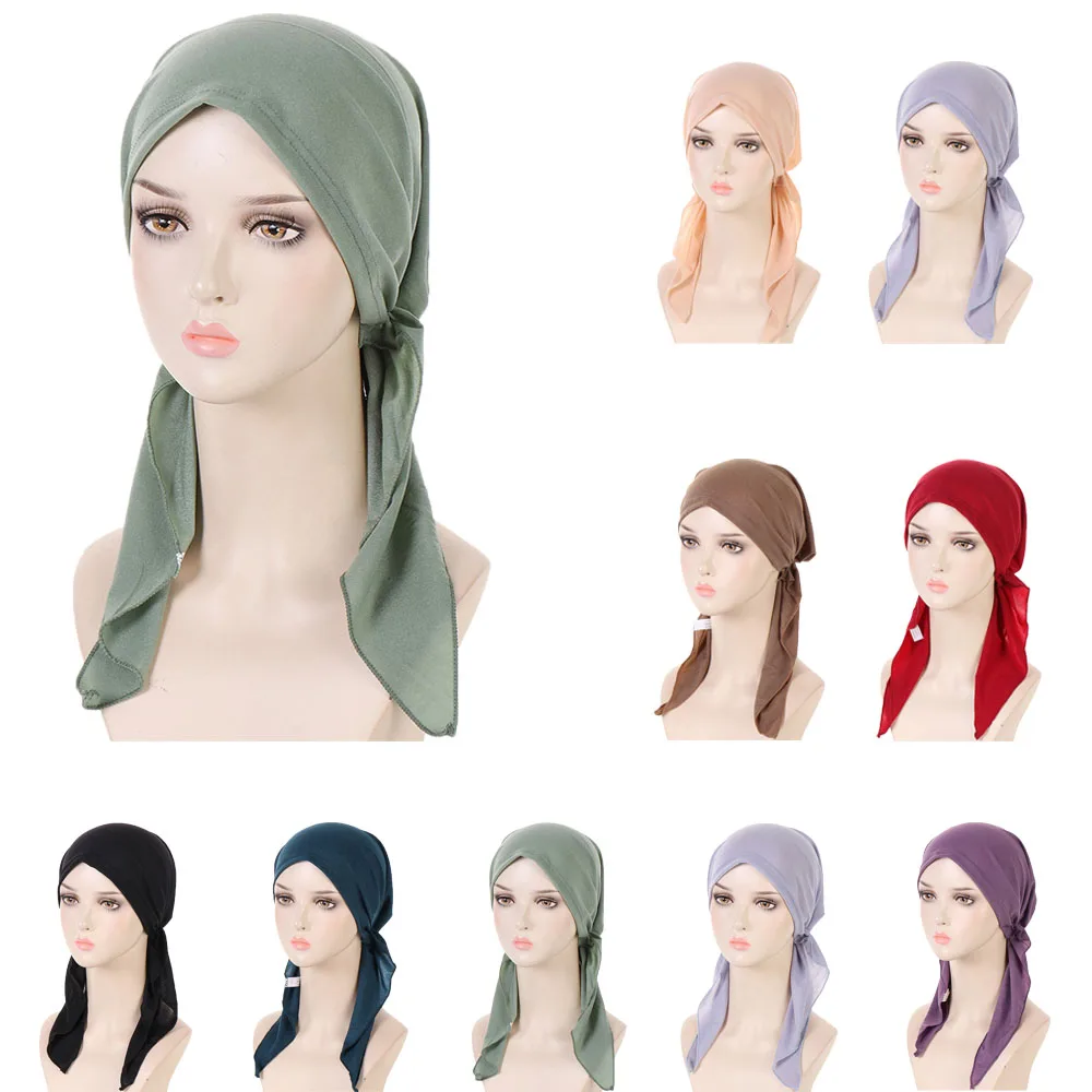 

Inner Hat Women Muslim Hijab Turban Pre-Tied Chemo Cap Long Tail Headscarf Wrap Beanie Bonnet Stretch Headwear Cancer Underscarf