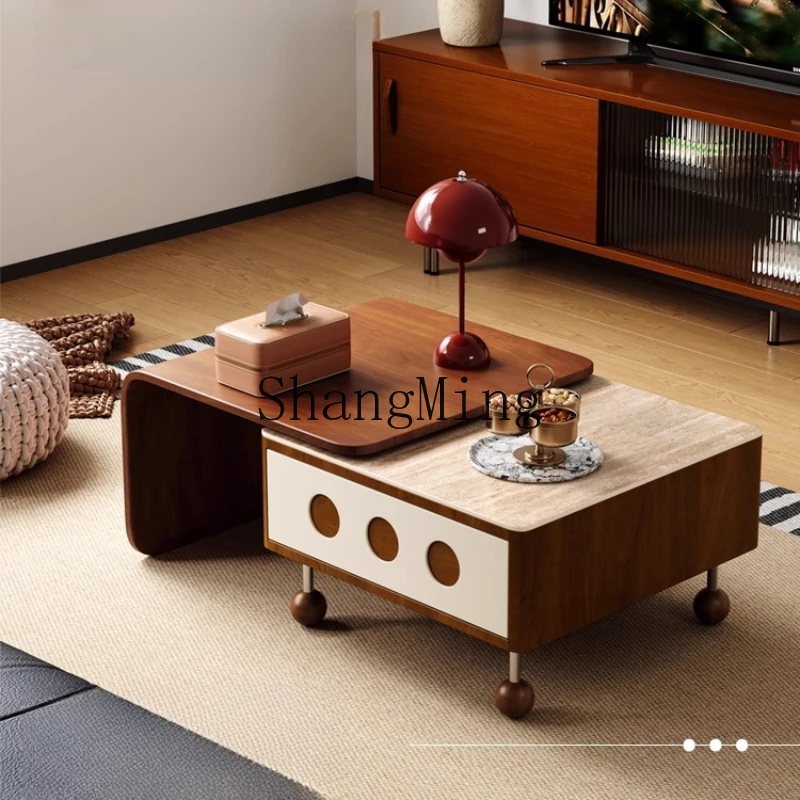 

SM retro solid wood coffee table, living room, household small apartment, high-end travertine rock slab, simple and light luxury