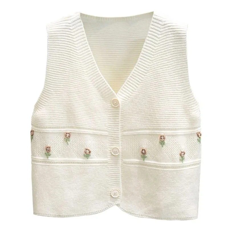 Small and fresh knitted vest cardigan women spring and autumn v neck overlapping embroidery flower sweater vest cardigan female