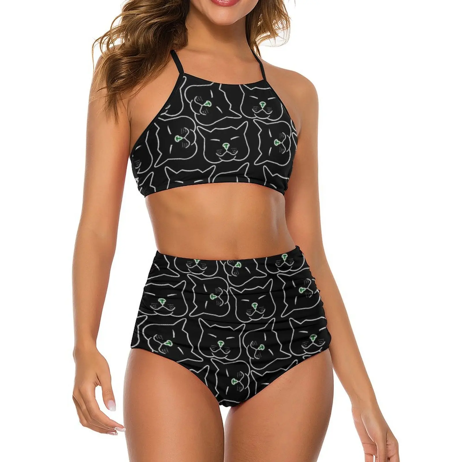

Sexy Black Cat Faces Bikini Set Abstract Animal Print Fantasy Bikini Swimsuit High Waist Swimwear Surf Oversized Beach Wear
