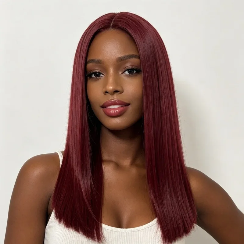 Women's long straight wig, European and American fashion, burgundy color, middle parting, extended length, bobo synthetic fiber