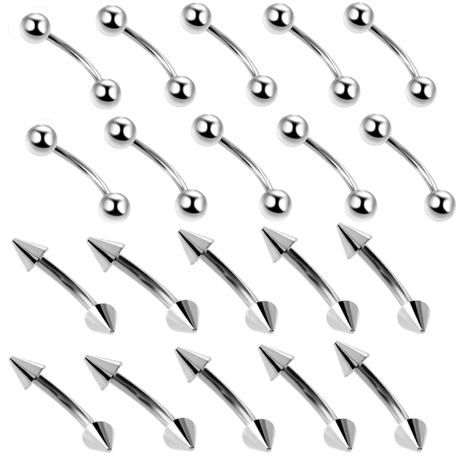 10Pcs/Lot Stainless Steel Eyebrow Ring Spike&Ball Curved Barbells Eyebrow Piercing Bar Body Jewelry Helix Piercing Ring 16G