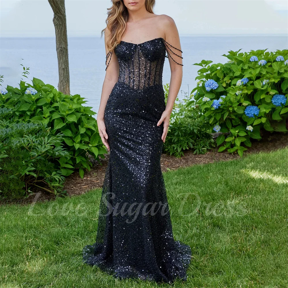 

Luxury Sparkly Sequin Evening Dress For Women Mermiad Long Prom Dresses Black Corset Pleated Formal Party Gowns