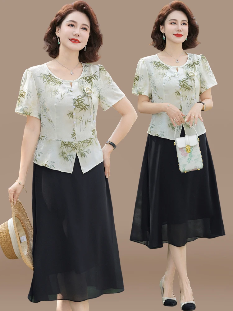 

Летнее модное миди-платье для женщин среднего возраста, шифоновая юбка, корейский бренд, свободный крой, круглый вырез, омолаживающий эффект