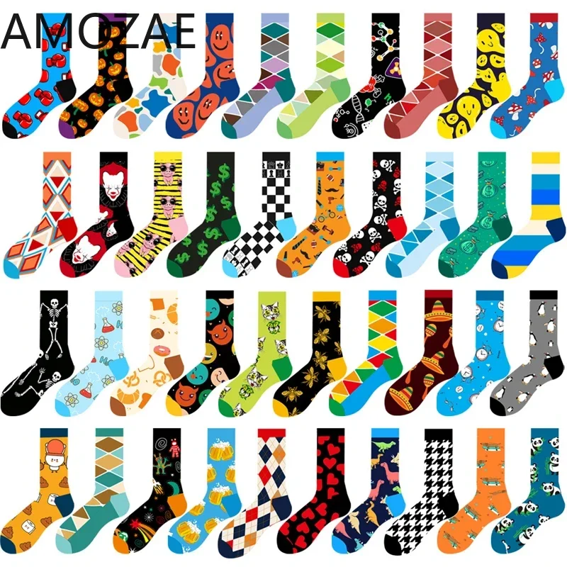 Men's Happy Socks, Colorful Striped Women's Socks, High Quality Checkered Diamond Geometric Harajuku Combed Cotton Crew Gift